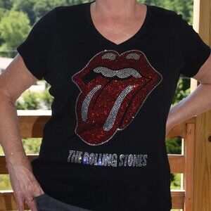 Rolling Stones Vneck rhinestone bling short Sleeved  Shirt XS S  M L XL X…